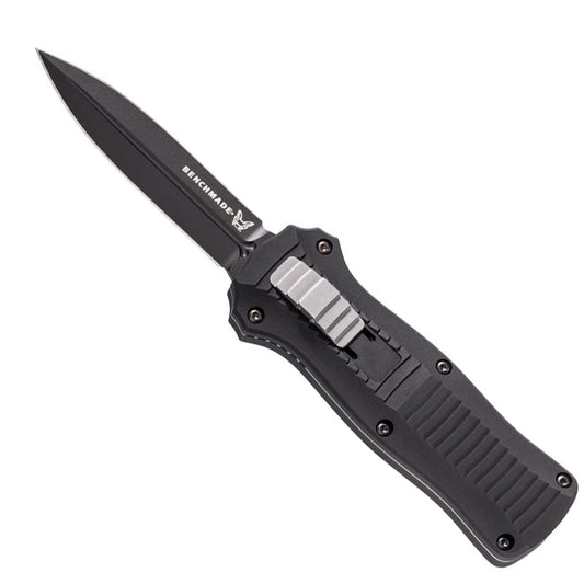 Benchmade 3350BK INFIDEL automatic knife with black handle and double-edge dagger blade extended