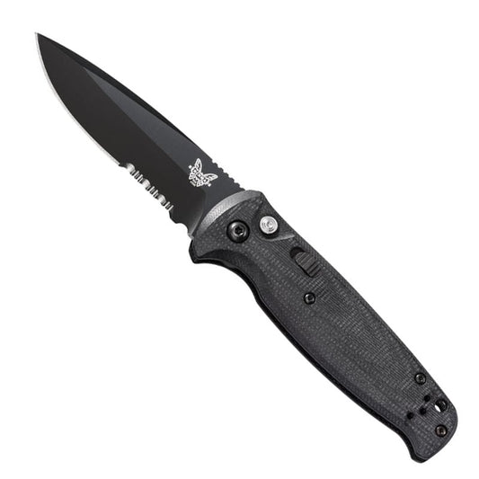 Benchmade 4300SBK Composite Lite Auto black automatic knife with serrated blade and G10 handle