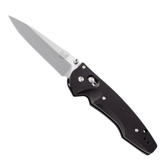 Benchmade 477 Emissary folding knife with black aluminum handle and satin drop-point blade
