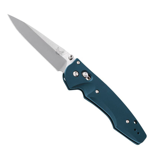 Benchmade 477-1 Osborne Emissary folding knife with teal anodized aluminum handle and satin finished drop-point blade