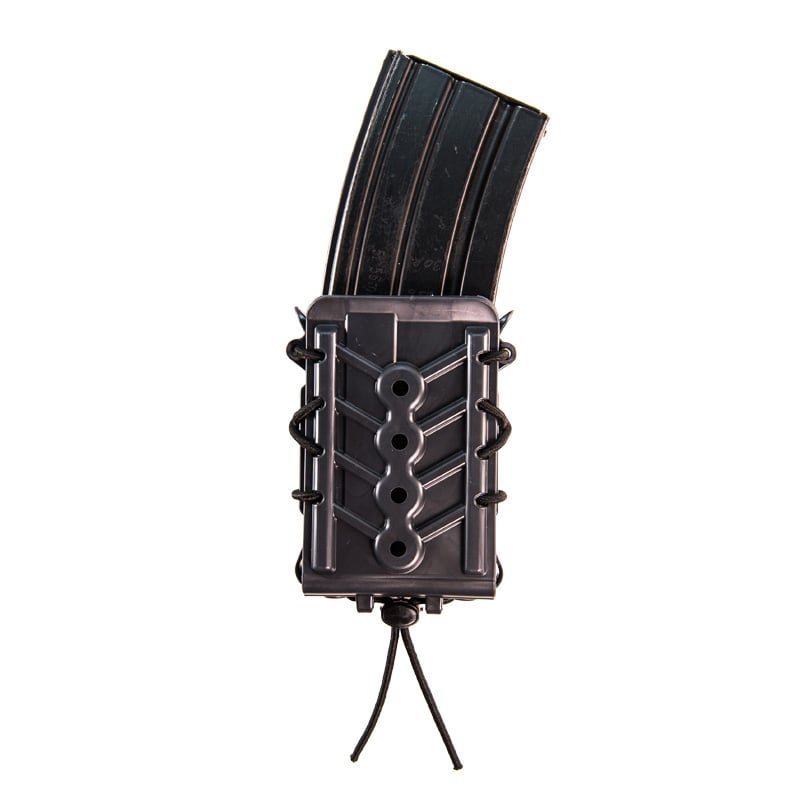 High Speed Gear Polymer Taco magazine pouch in black polymer with bungee cord retention system and MOLLE attachment