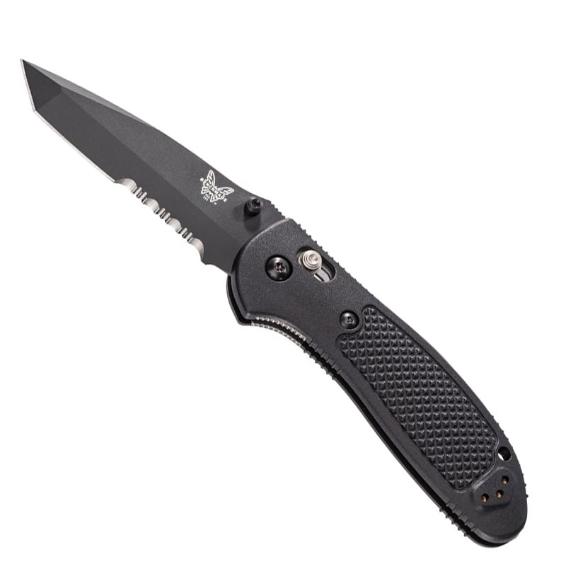 Benchmade Griptilian folding knife with black tanto blade, serrated edge, and black nylon handle