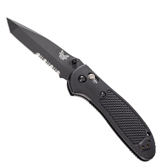 Benchmade Griptilian folding knife with black tanto blade, serrated edge, and black nylon handle