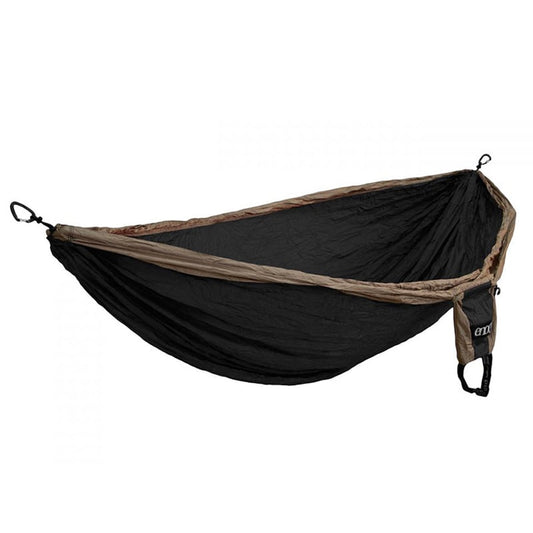 ENO Double Deluxe two-person hammock in khaki and black colorway showing spacious design