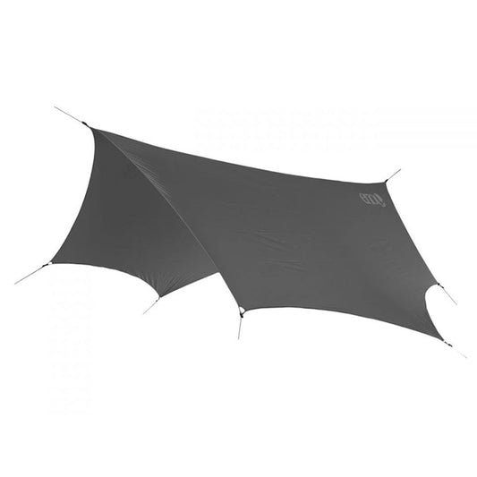 Eagles Nest Outfitters DryFly rain tarp in grey with multiple guy-out points for hammock camping weather protection
