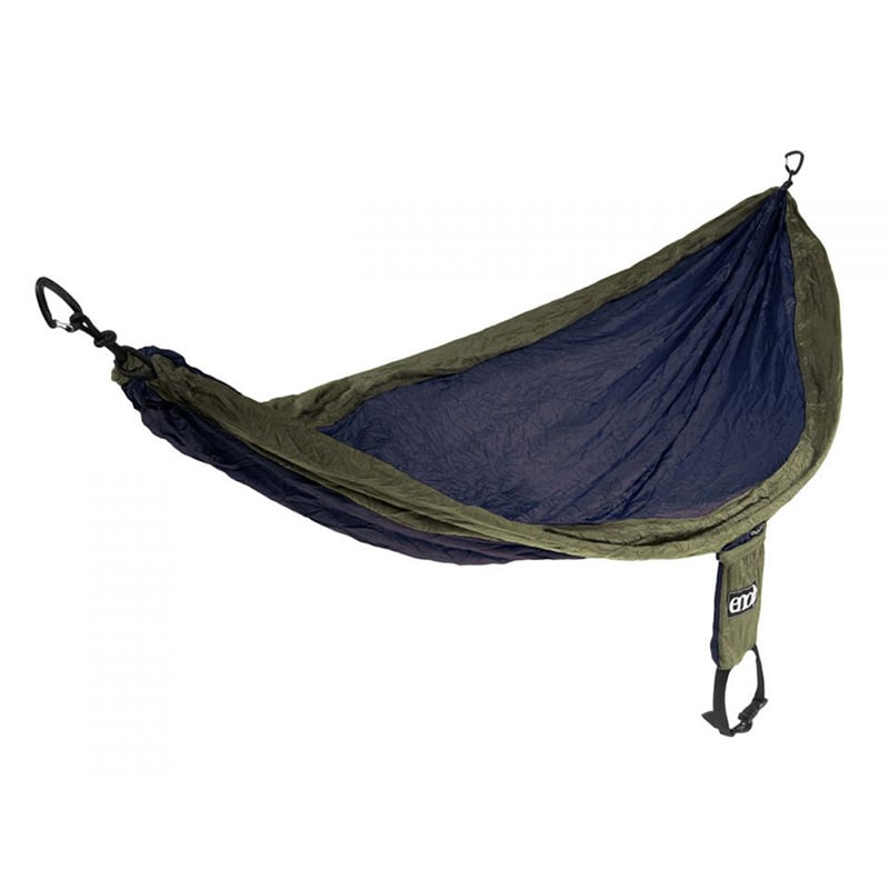 ENO SingleNest hammock in navy and olive colorway with compact stuff sack