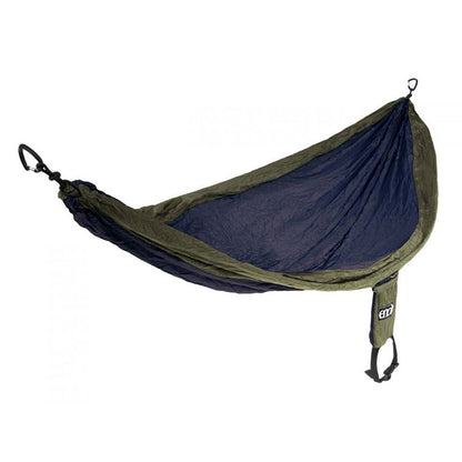 ENO SingleNest hammock in navy and olive colorway with compact stuff sack