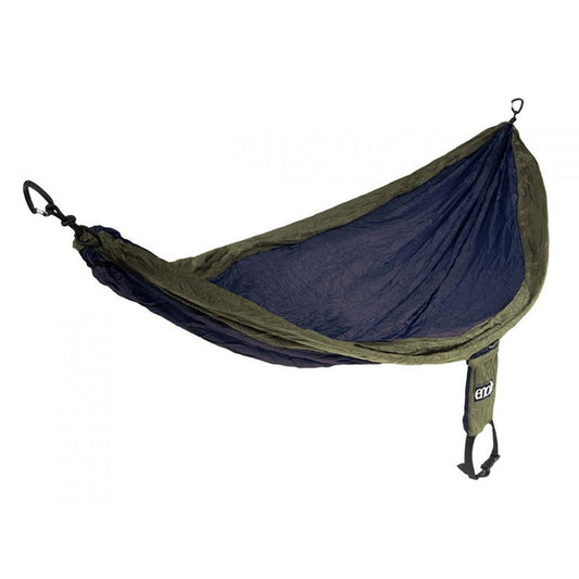 ENO SingleNest hammock in navy and olive colorway with compact stuff sack