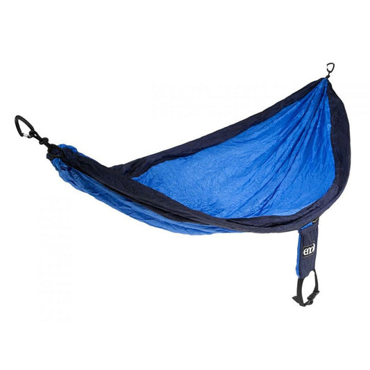 ENO SingleNest hammock in navy and royal blue colorway with compact stuff sack
