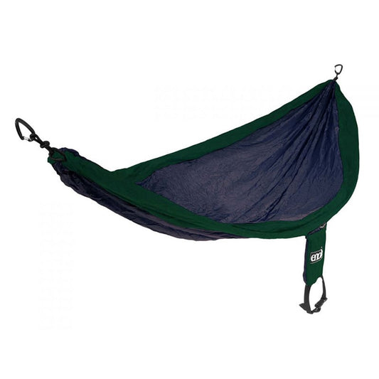 ENO SingleNest single-person hammock in navy and forest green colorway with stuff sack