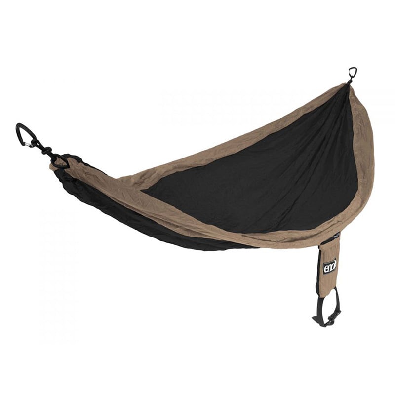 ENO SingleNest hammock in khaki and black colorway with compact stuff sack