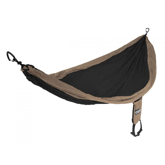 ENO SingleNest hammock in khaki and black colorway with compact stuff sack