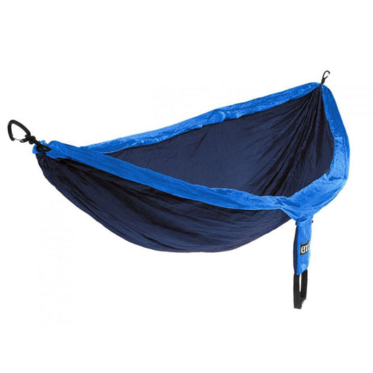 Eagles Nest Outfitters DoubleNest hammock in navy and royal blue colorway with attached compression stuff sack
