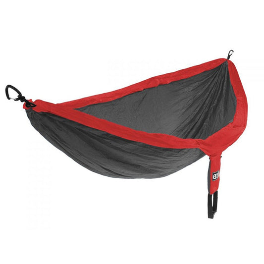 ENO DoubleNest hammock in red and charcoal colors showing spacious two-person sleeping area