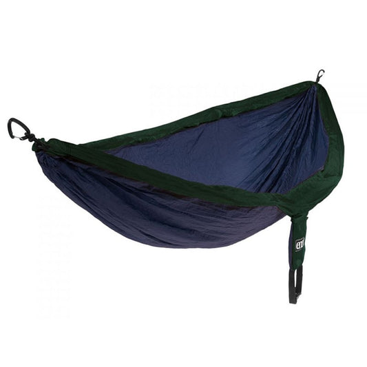 ENO DoubleNest hammock in navy and forest green colorway with compression stuff sack