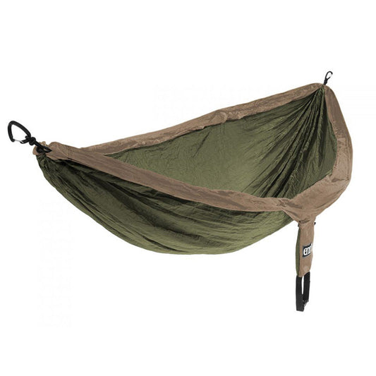 ENO DoubleNest hammock in khaki and olive colors with compression sack