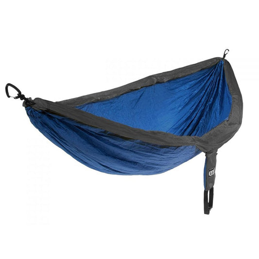 ENO DoubleNest hammock in royal blue and charcoal colors with compression sack