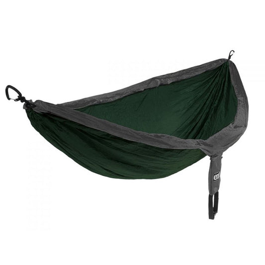 ENO DoubleNest hammock in forest green and charcoal colors with compression stuff sack