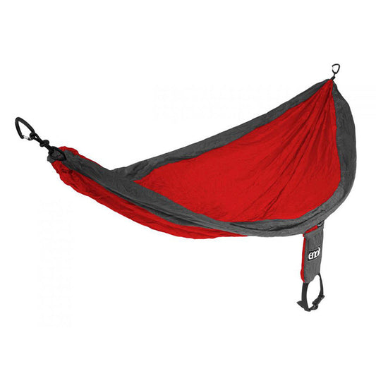 Eagles Nest Outfitters SingleNest hammock in red and charcoal colorway with stuff sack
