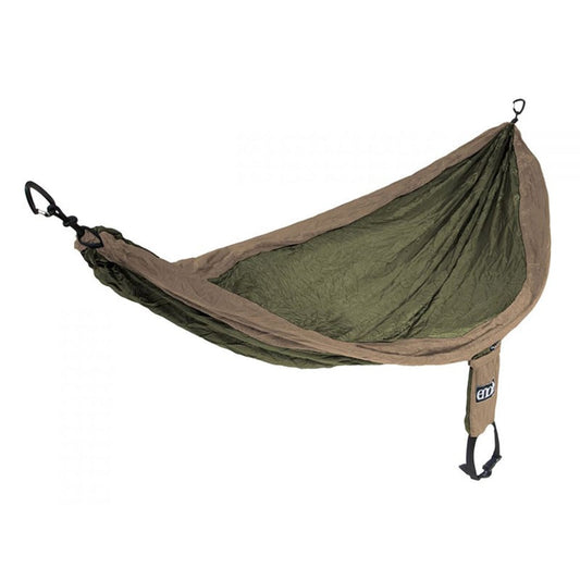 ENO SingleNest hammock in khaki and olive colors with compact stuff sack