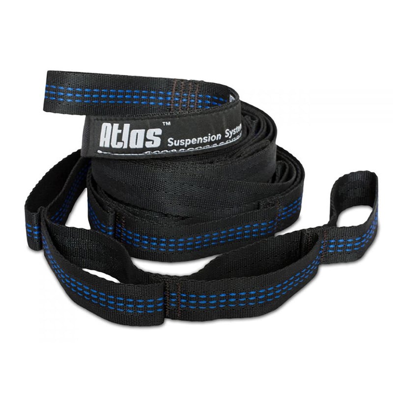 Eagles Nest Outfitters Atlas hammock suspension straps in black and blue polyfilament webbing with adjustment loops