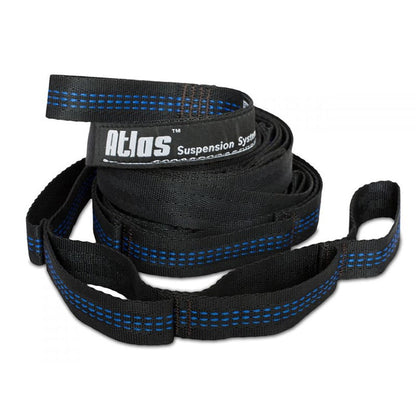 Eagles Nest Outfitters Atlas hammock suspension straps in black and blue polyfilament webbing with adjustment loops