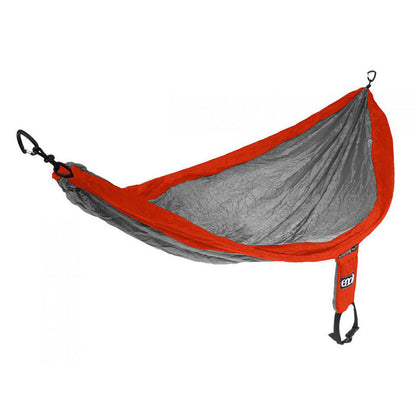 ENO SingleNest hammock in orange and grey colorway with compact stuff sack