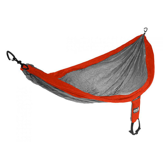 ENO SingleNest hammock in orange and grey colorway with compact stuff sack