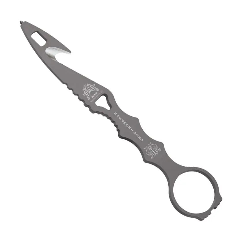 Benchmade SOCP rescue tool with black hook blade and injection molded plastic sheath showing MOLLE mounting compatibility