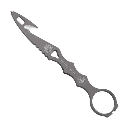 Benchmade SOCP rescue tool with black hook blade and injection molded plastic sheath showing MOLLE mounting compatibility