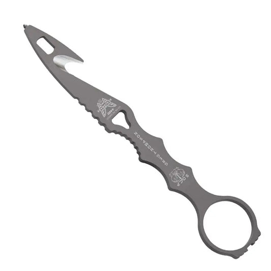 Benchmade SOCP rescue tool with black hook blade and injection molded plastic sheath showing MOLLE mounting compatibility
