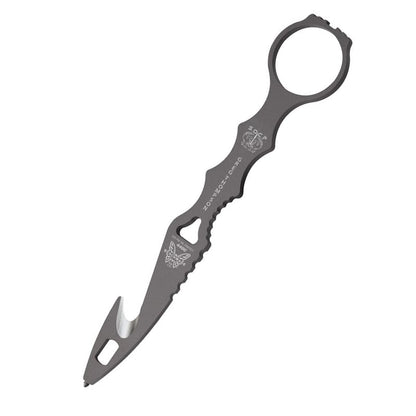 Benchmade SOCP Rescue Tool with tan injection molded sheath showing hook blade and glass breaker tip