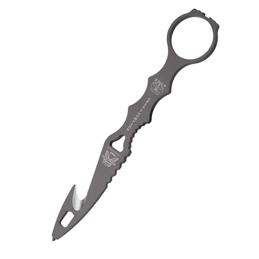 Benchmade SOCP Rescue Tool with tan injection molded sheath showing hook blade and glass breaker tip