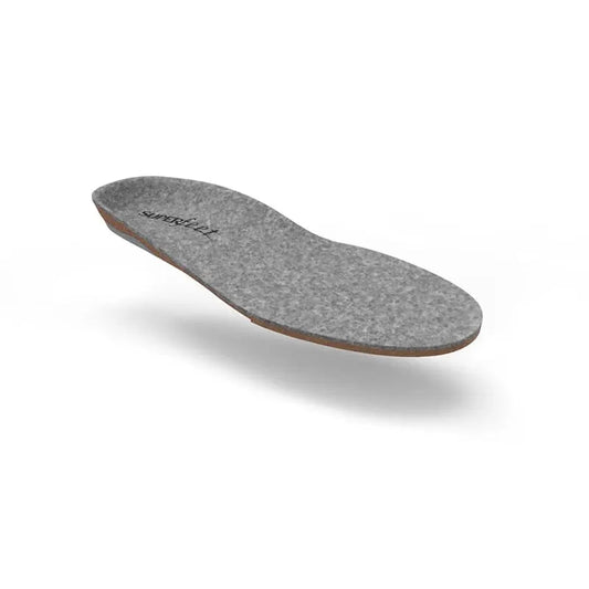 Superfeet Merino Grey insoles with merino wool top layer and biomechanical heel cup design