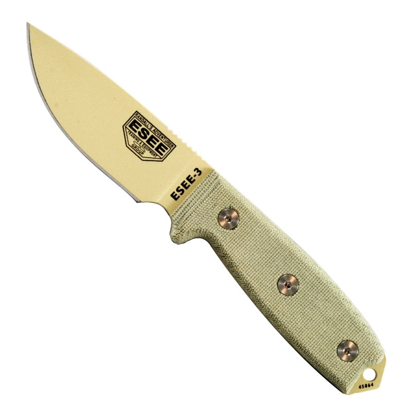 Esee-3 - Plain Edge - Desert Tan Blade - OD Sheath with Molle - Tactical Edge