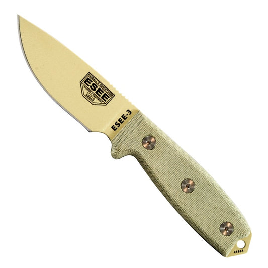 Esee-3 - Plain Edge - Desert Tan Blade - OD Sheath with Molle - Tactical Edge