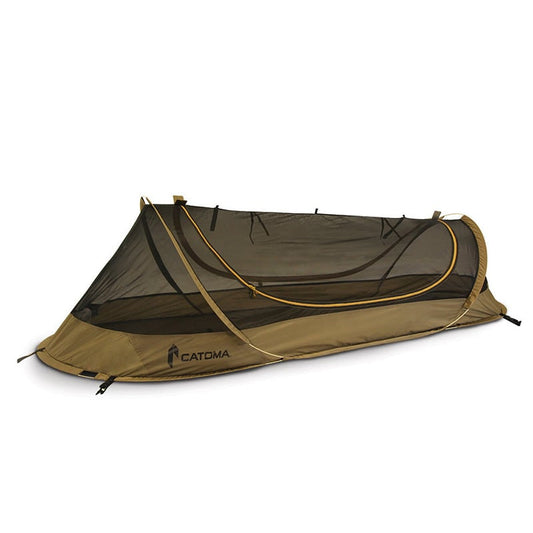 Catoma Burrow IBNS bed net system in coyote brown with fiberglass frame and mesh construction