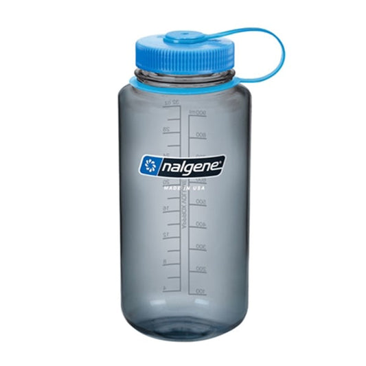 32oz Nalgene wide mouth water bottle showing clear construction and wide opening cap